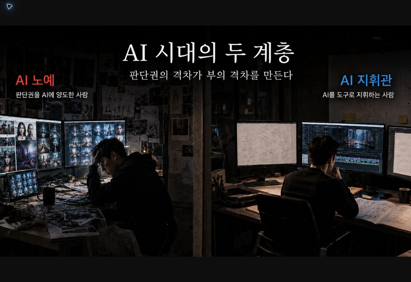 AI 결과에 압도된 사람과 작업을 설계하며 AI를 지휘하는 사람을 대비한 원본 이미지.